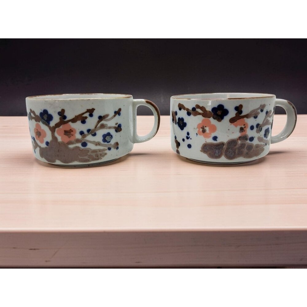 Vintage Korean Stoneware Wide soup Mugs Featuring Cherry Blossom Design set of